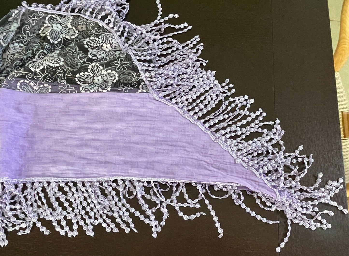 SCARF Mauve & Black Net w Pink & Grey Floral Embroidery Purple Lace w Fringe
