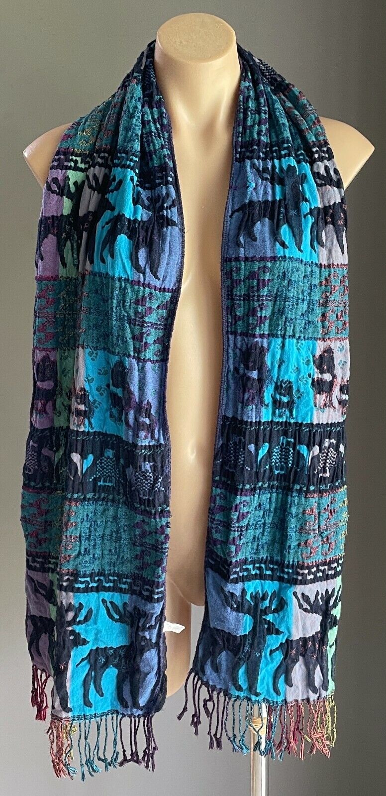 SCARF Crinkle Pleat Fringe Rectangle Purple Teal Blue Pink Black REINDEER Print