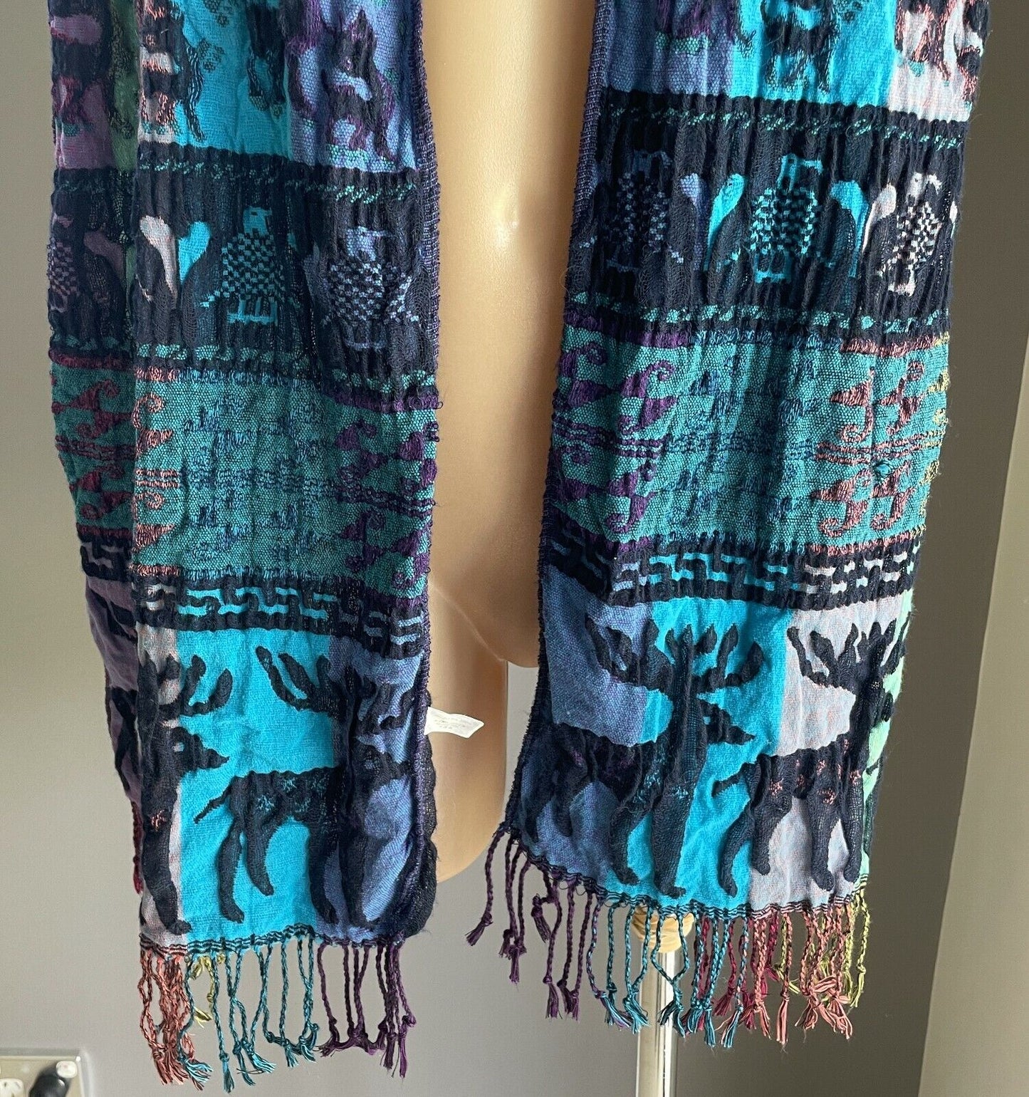 SCARF Crinkle Pleat Fringe Rectangle Purple Teal Blue Pink Black REINDEER Print