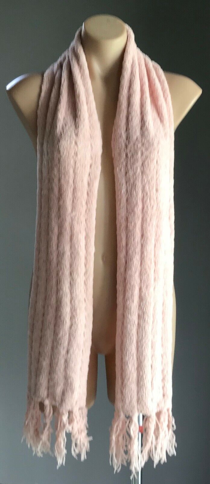 SCARF Handmade Knit Fluted Baby Pink Wool w Fringe Super Soft Wool Pile Long