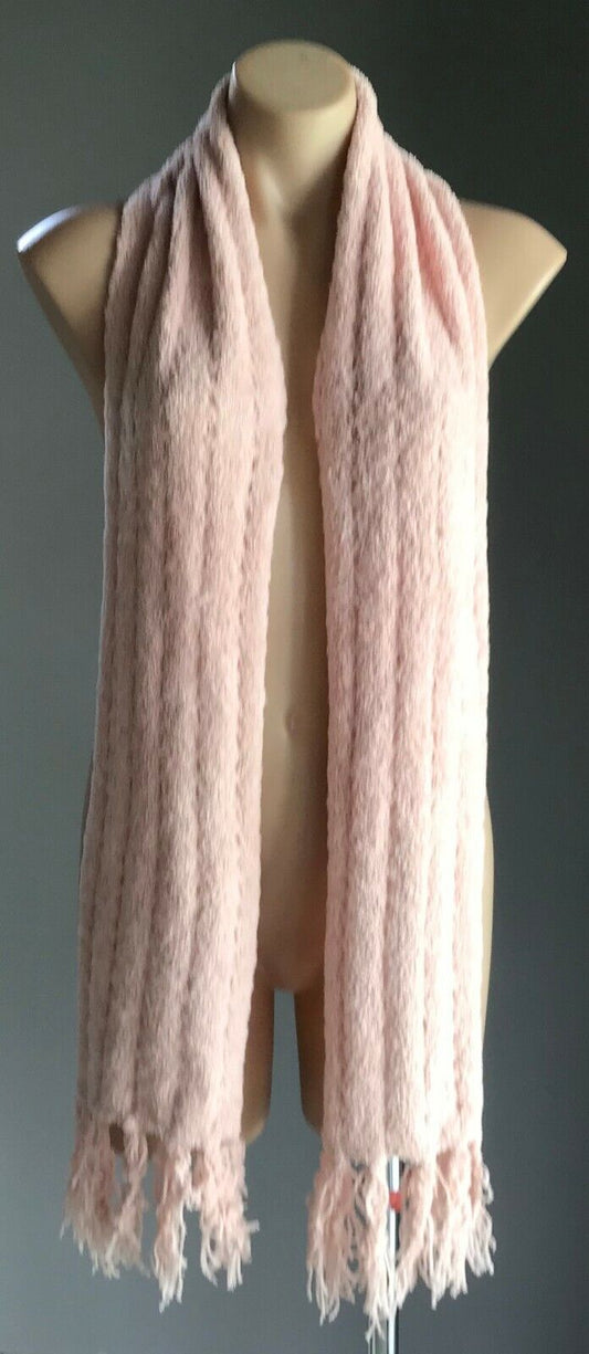 SCARF Handmade Knit Fluted Baby Pink Wool w Fringe Super Soft Wool Pile Long