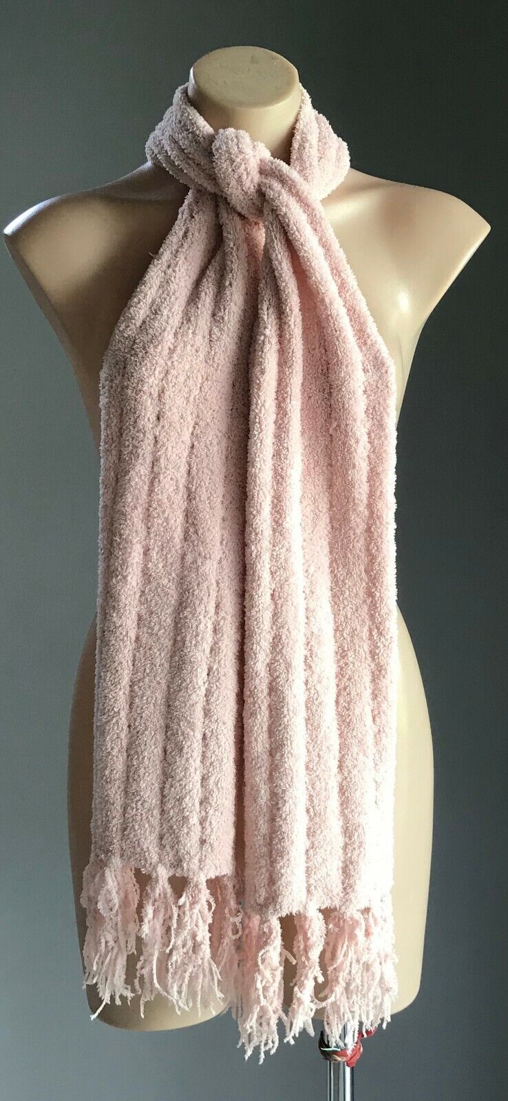 SCARF Handmade Knit Fluted Baby Pink Wool w Fringe Super Soft Wool Pile Long