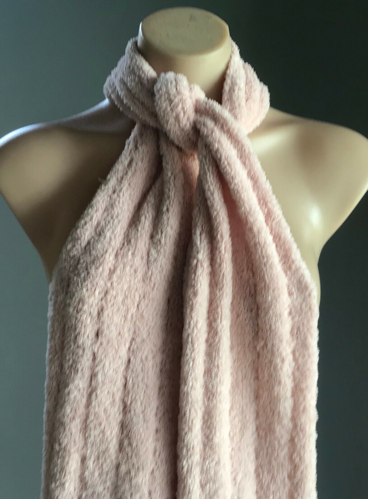 SCARF Handmade Knit Fluted Baby Pink Wool w Fringe Super Soft Wool Pile Long