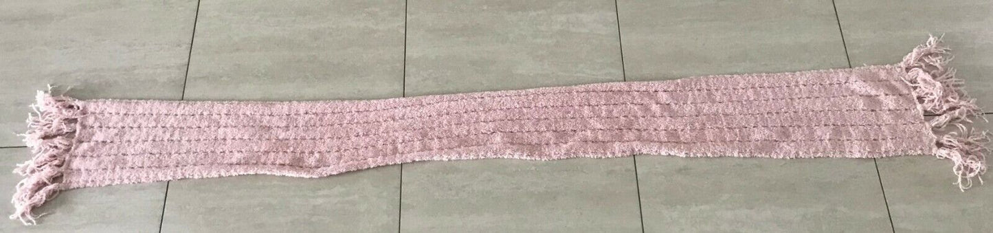 SCARF Handmade Knit Fluted Baby Pink Wool w Fringe Super Soft Wool Pile Long