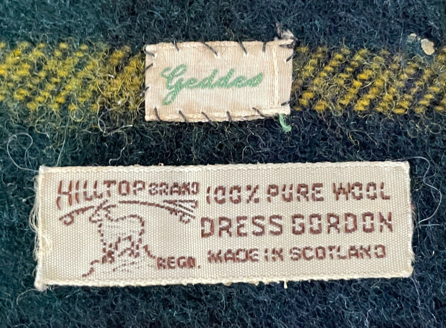 HILLTOP BRAND Neck Scarf 1960s w Fringe Wool Knit Green Check Tartan Mens Vtg