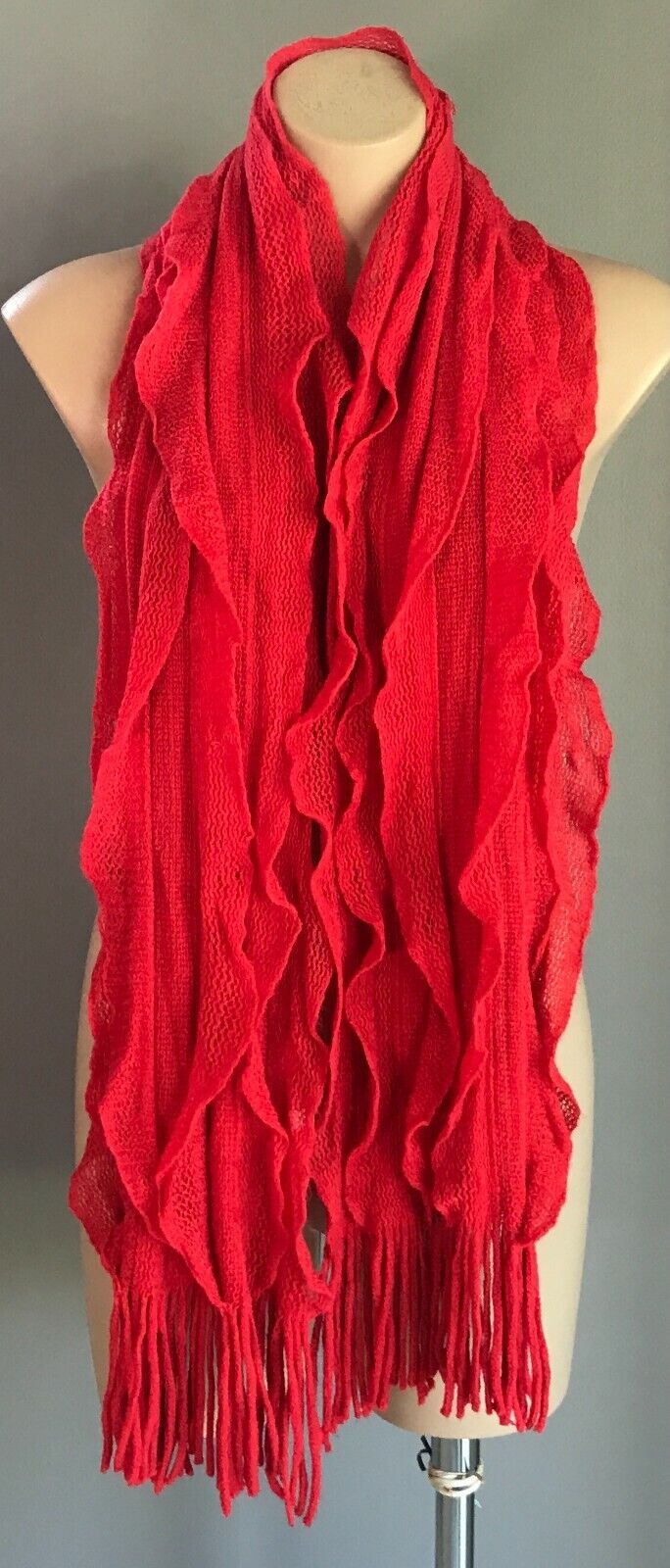 SCARF Watermelon Red Knit w Fringe Vertical Frilled Acrylic Textured Pattern