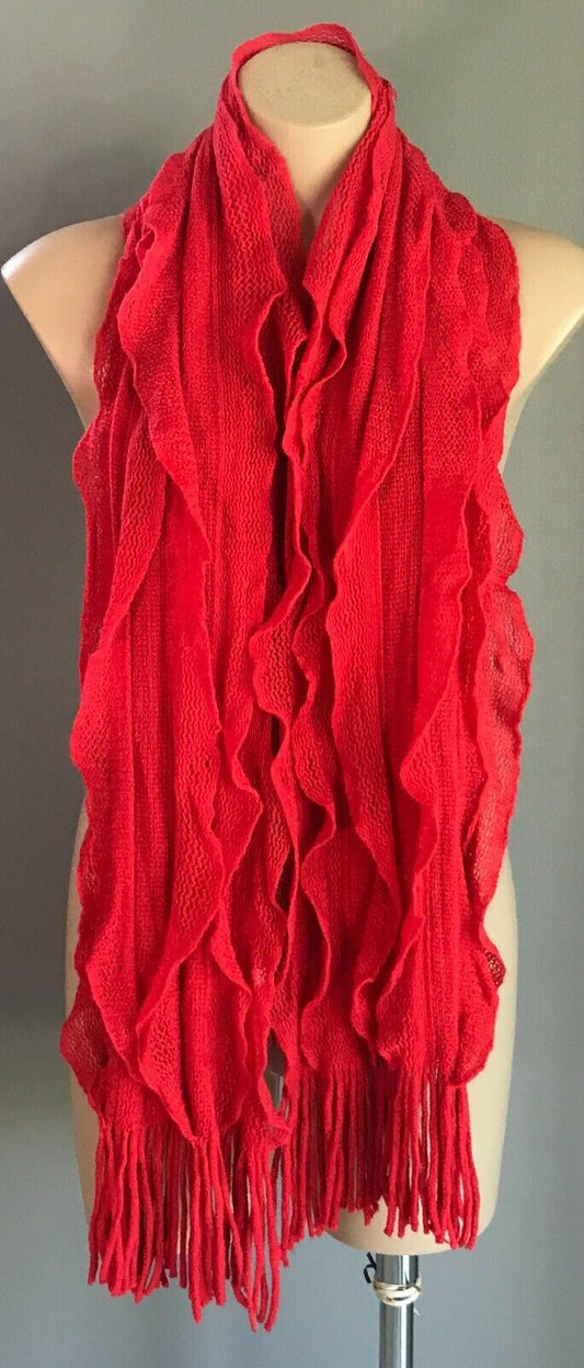 SCARF Watermelon Red Knit w Fringe Vertical Frilled Acrylic Textured Pattern
