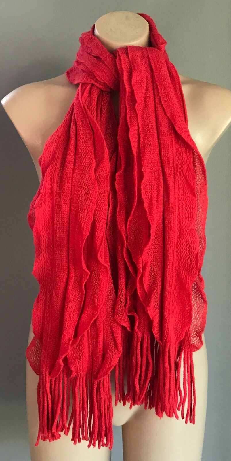 SCARF Watermelon Red Knit w Fringe Vertical Frilled Acrylic Textured Pattern