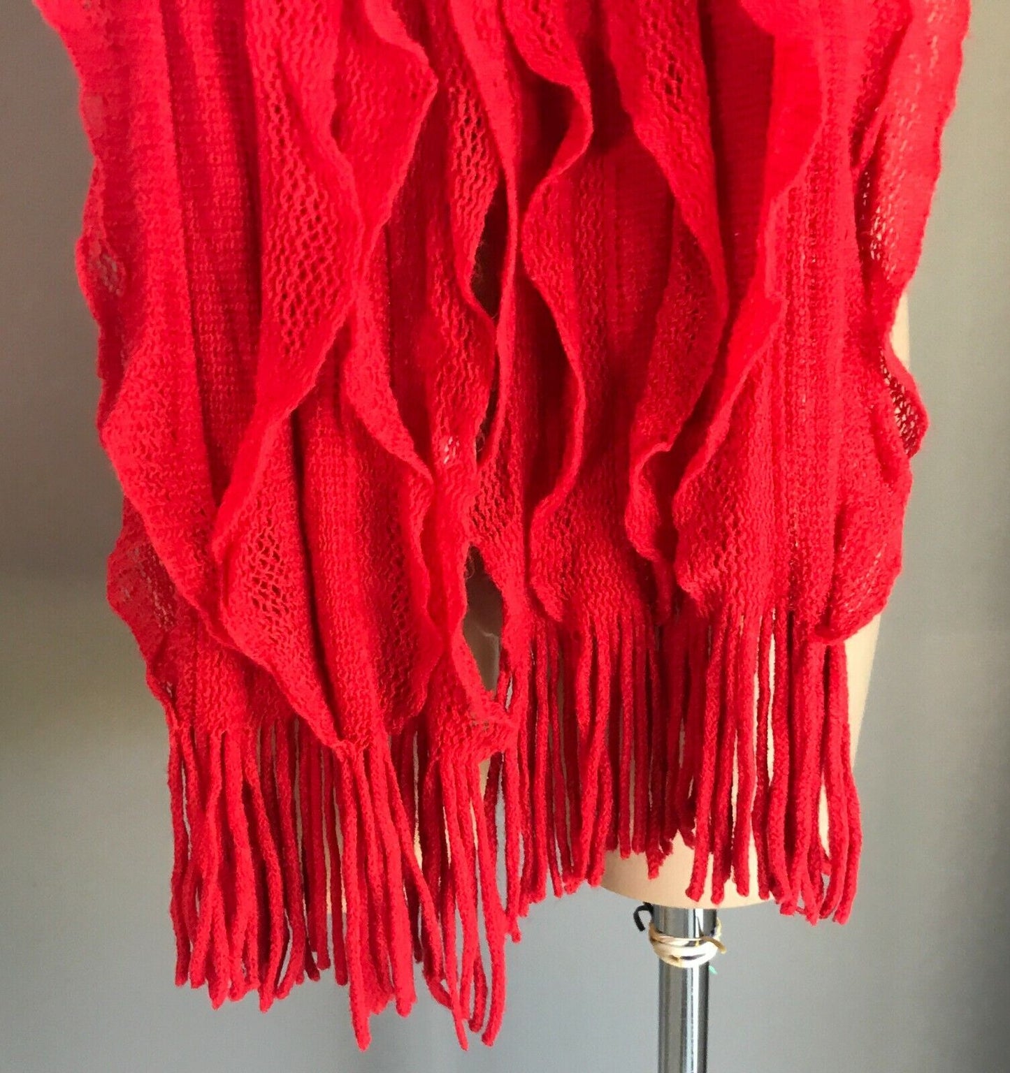 SCARF Watermelon Red Knit w Fringe Vertical Frilled Acrylic Textured Pattern