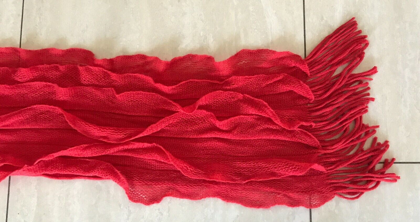 SCARF Watermelon Red Knit w Fringe Vertical Frilled Acrylic Textured Pattern