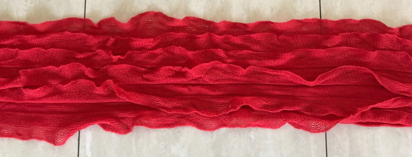 SCARF Watermelon Red Knit w Fringe Vertical Frilled Acrylic Textured Pattern