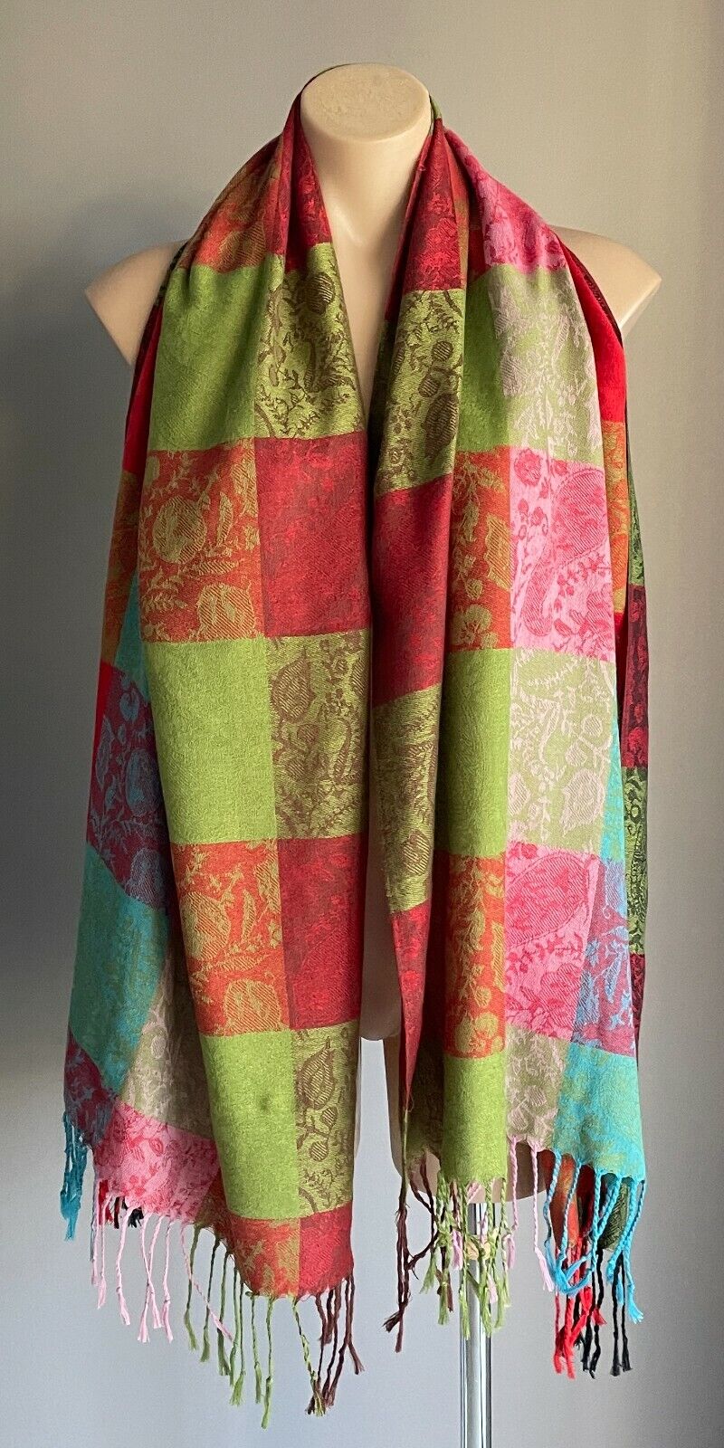 ESPRIT Scarf w Fringe Multi Colour & Print Large Check Rectangle Neck Wrap NEW
