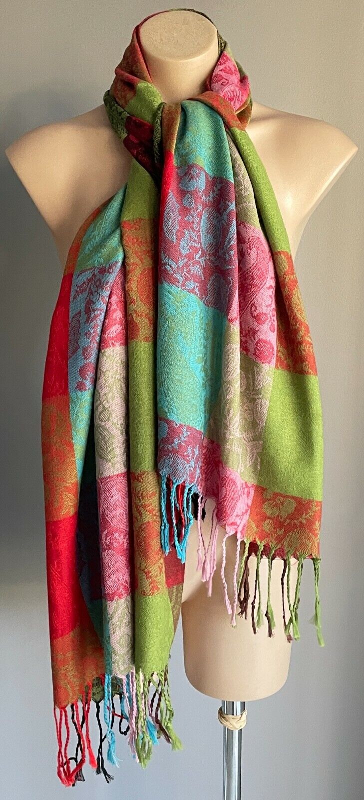 ESPRIT Scarf w Fringe Multi Colour & Print Large Check Rectangle Neck Wrap NEW