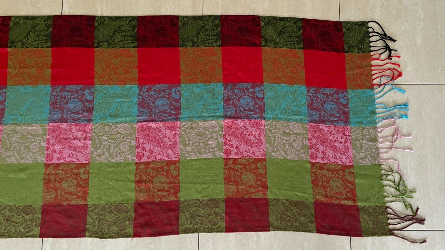 ESPRIT Scarf w Fringe Multi Colour & Print Large Check Rectangle Neck Wrap NEW