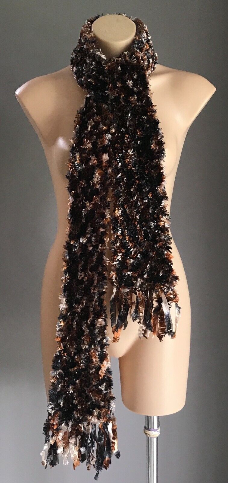 SCARF Handmade Eyelash "Furry" Knit Wool Brown Grey Navy Beige w Fringe Fluffy