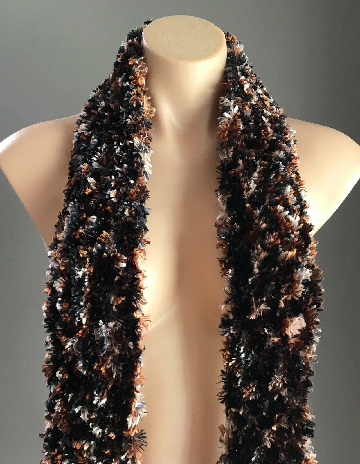 SCARF Handmade Eyelash "Furry" Knit Wool Brown Grey Navy Beige w Fringe Fluffy