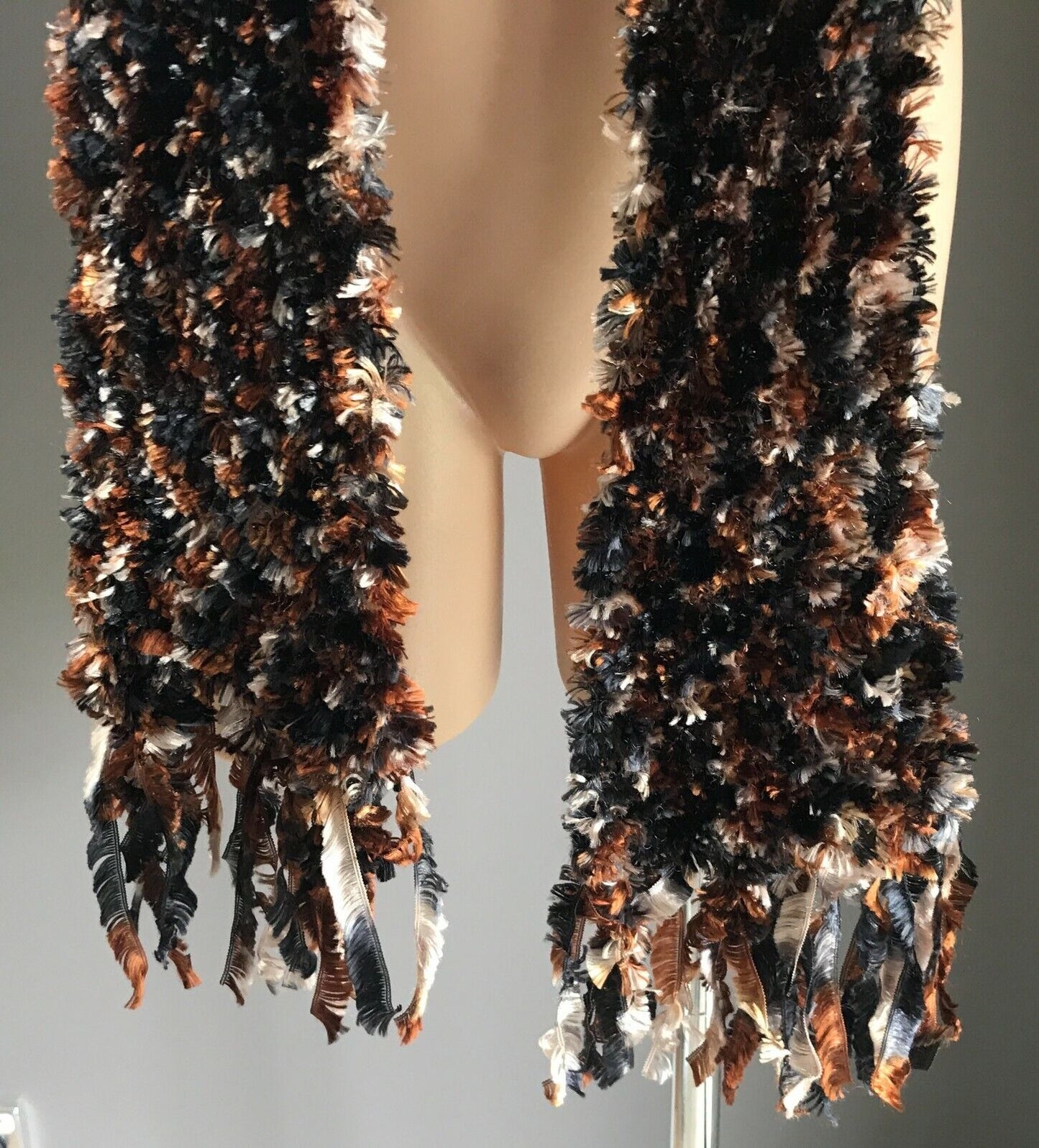 SCARF Handmade Eyelash "Furry" Knit Wool Brown Grey Navy Beige w Fringe Fluffy