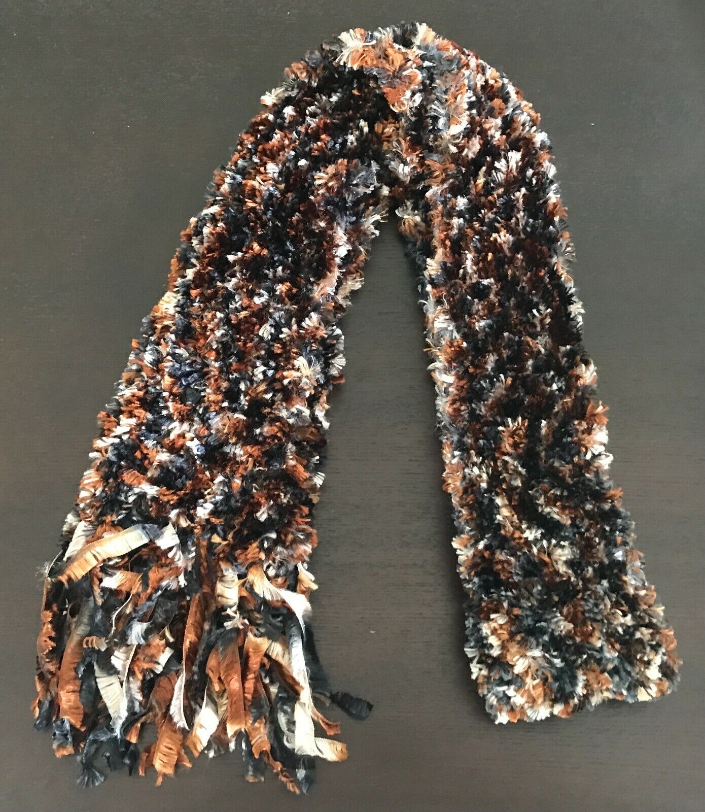 SCARF Handmade Eyelash "Furry" Knit Wool Brown Grey Navy Beige w Fringe Fluffy
