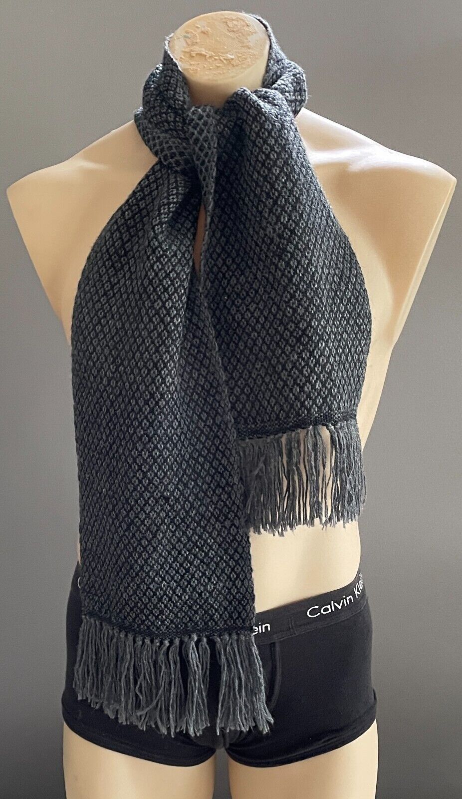 Mens Neck Scarf CHALINAS CUNO Fringed Charcoal Grey Black ALPACA WOOL Knit