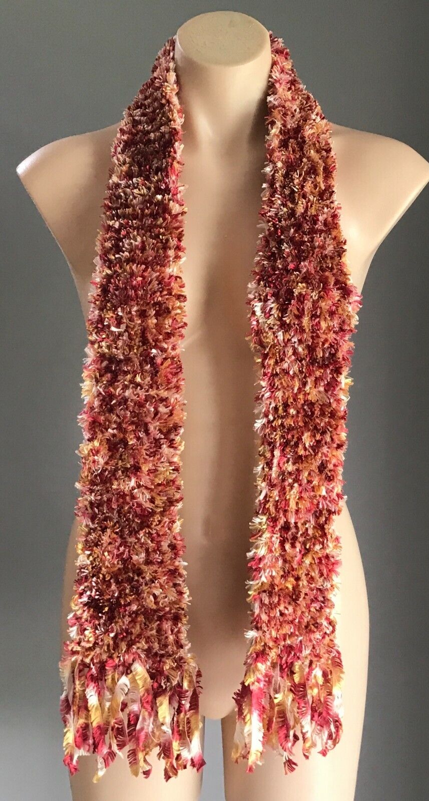 SCARF Eyelash "Furry" Fluffy Wool Knit Orange Gold White & Pink w Fringe