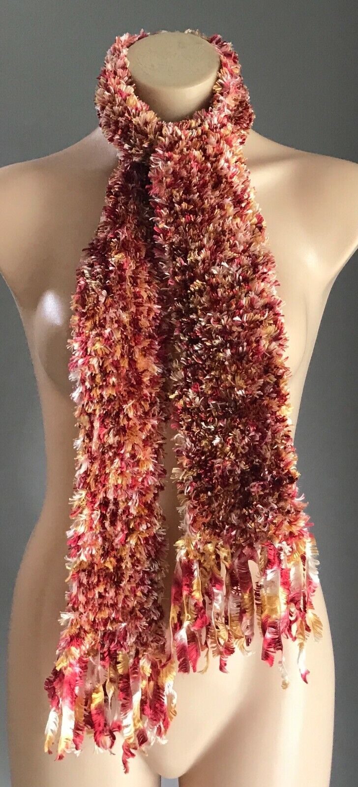 SCARF Eyelash "Furry" Fluffy Wool Knit Orange Gold White & Pink w Fringe