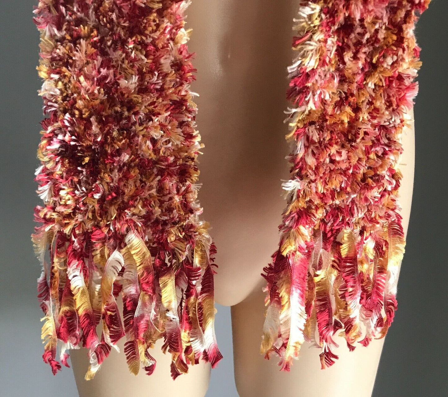 SCARF Eyelash "Furry" Fluffy Wool Knit Orange Gold White & Pink w Fringe