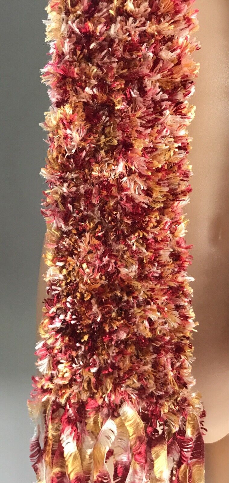 SCARF Eyelash "Furry" Fluffy Wool Knit Orange Gold White & Pink w Fringe