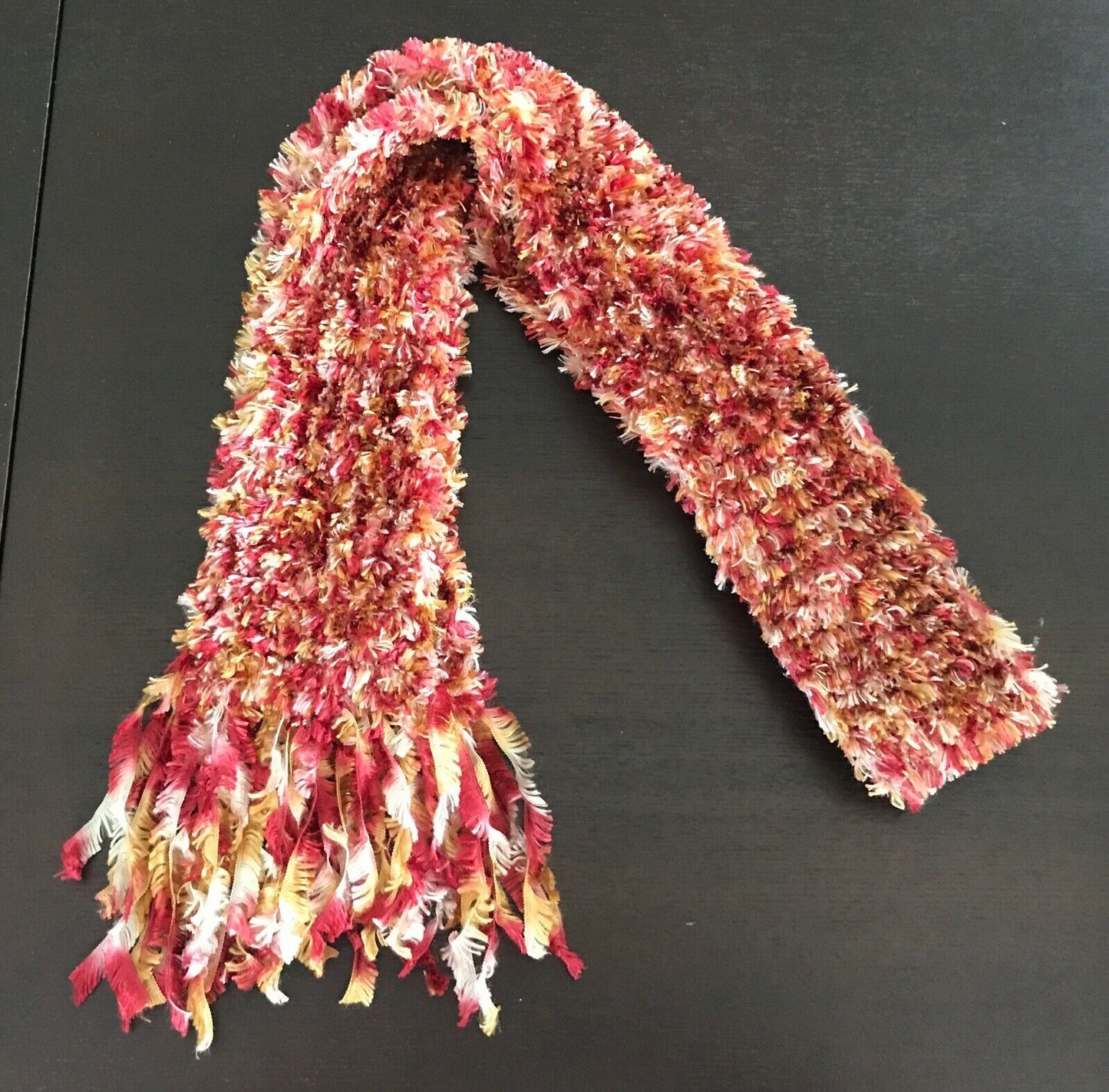 SCARF Eyelash "Furry" Fluffy Wool Knit Orange Gold White & Pink w Fringe