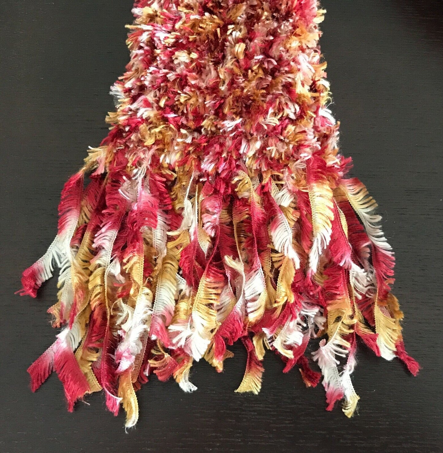 SCARF Eyelash "Furry" Fluffy Wool Knit Orange Gold White & Pink w Fringe