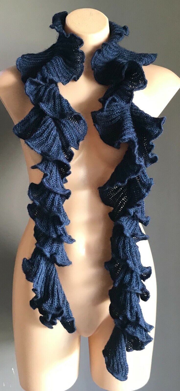 SCARF Handmade 17cm Knit Fluted Coiled Rib Mid Neck Navy Blue 150cm L