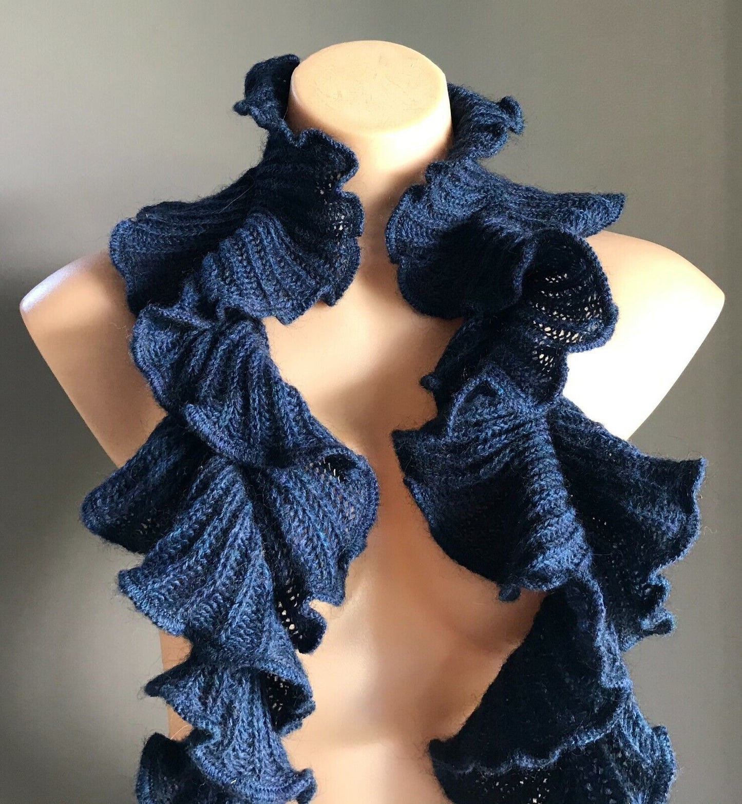 SCARF Handmade 17cm Knit Fluted Coiled Rib Mid Neck Navy Blue 150cm L