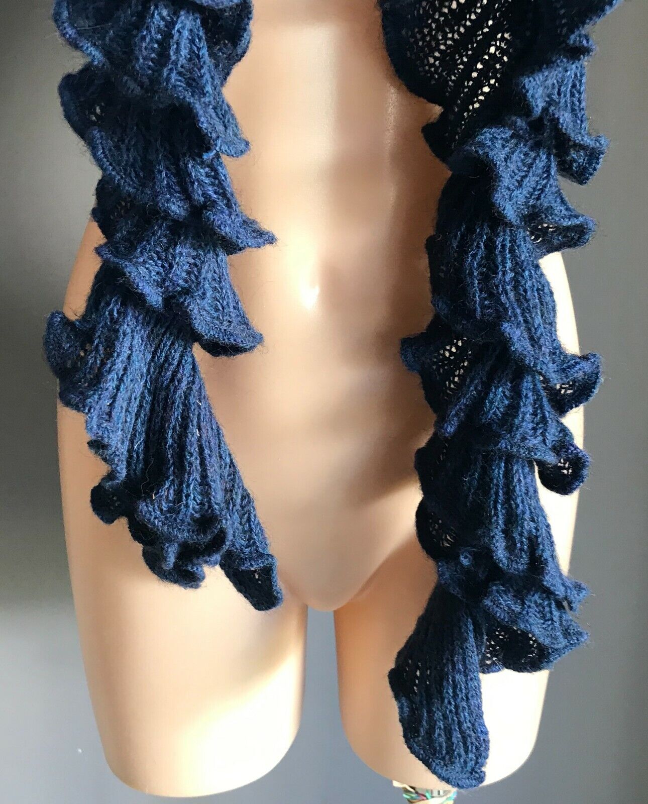 SCARF Handmade 17cm Knit Fluted Coiled Rib Mid Neck Navy Blue 150cm L