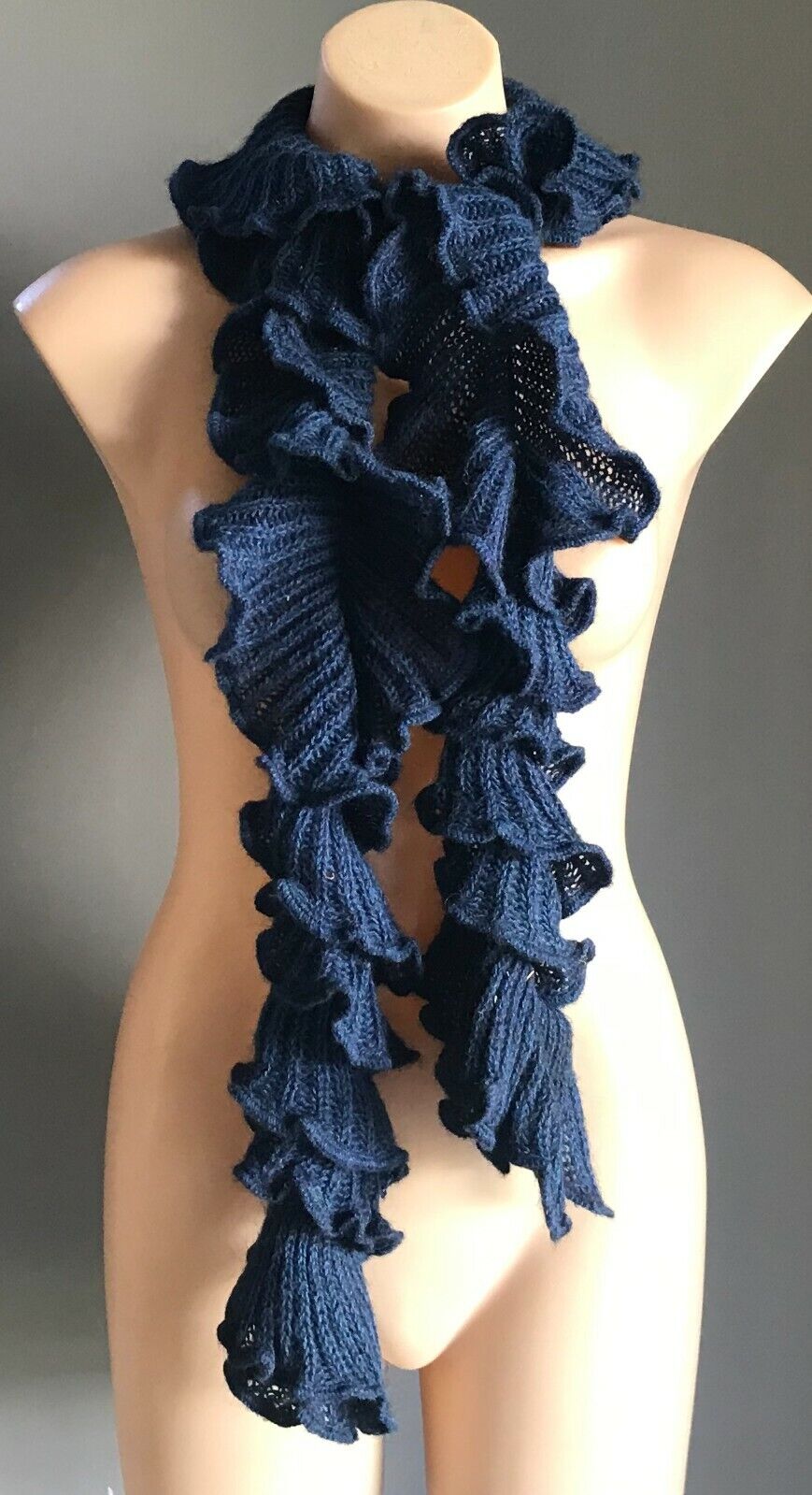 SCARF Handmade 17cm Knit Fluted Coiled Rib Mid Neck Navy Blue 150cm L
