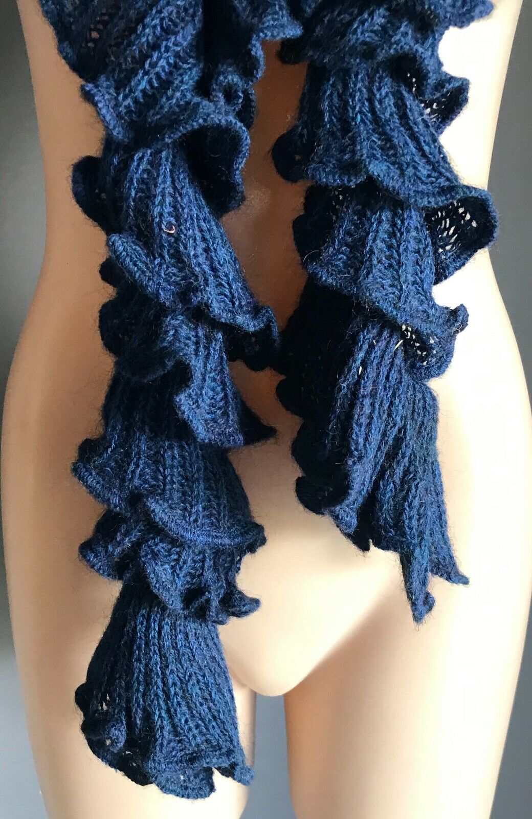 SCARF Handmade 17cm Knit Fluted Coiled Rib Mid Neck Navy Blue 150cm L