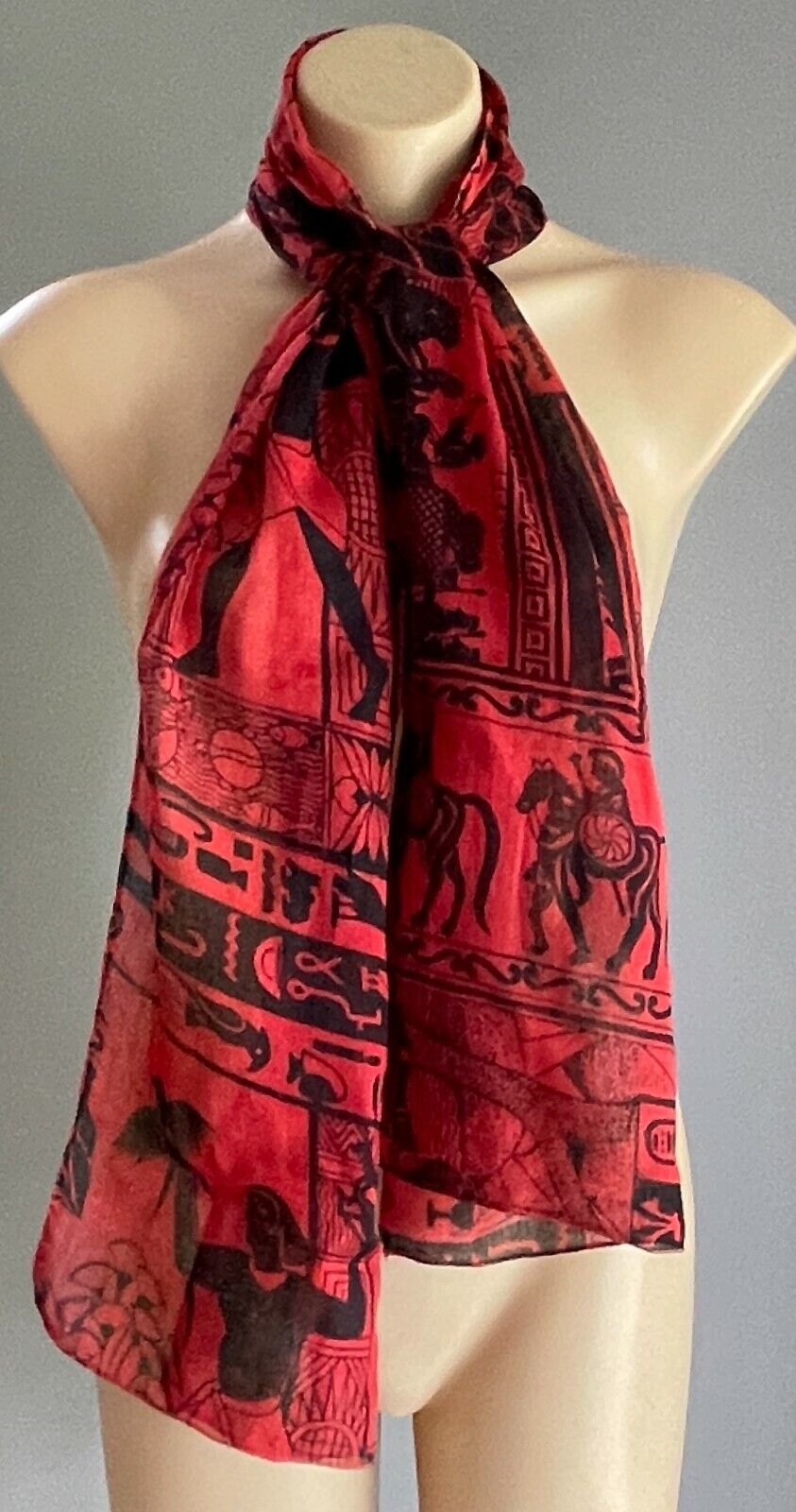 SCARF Ladies Egyptian Neck Burgundy & Black Hieroglyphics Print Cotton Rectangle