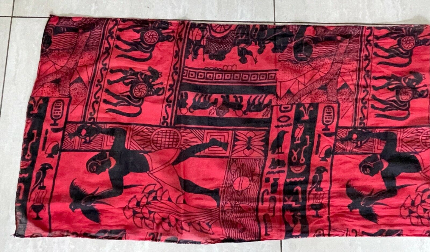 SCARF Ladies Egyptian Neck Burgundy & Black Hieroglyphics Print Cotton Rectangle