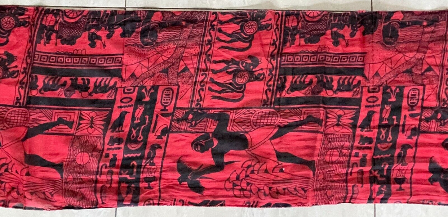 SCARF Ladies Egyptian Neck Burgundy & Black Hieroglyphics Print Cotton Rectangle