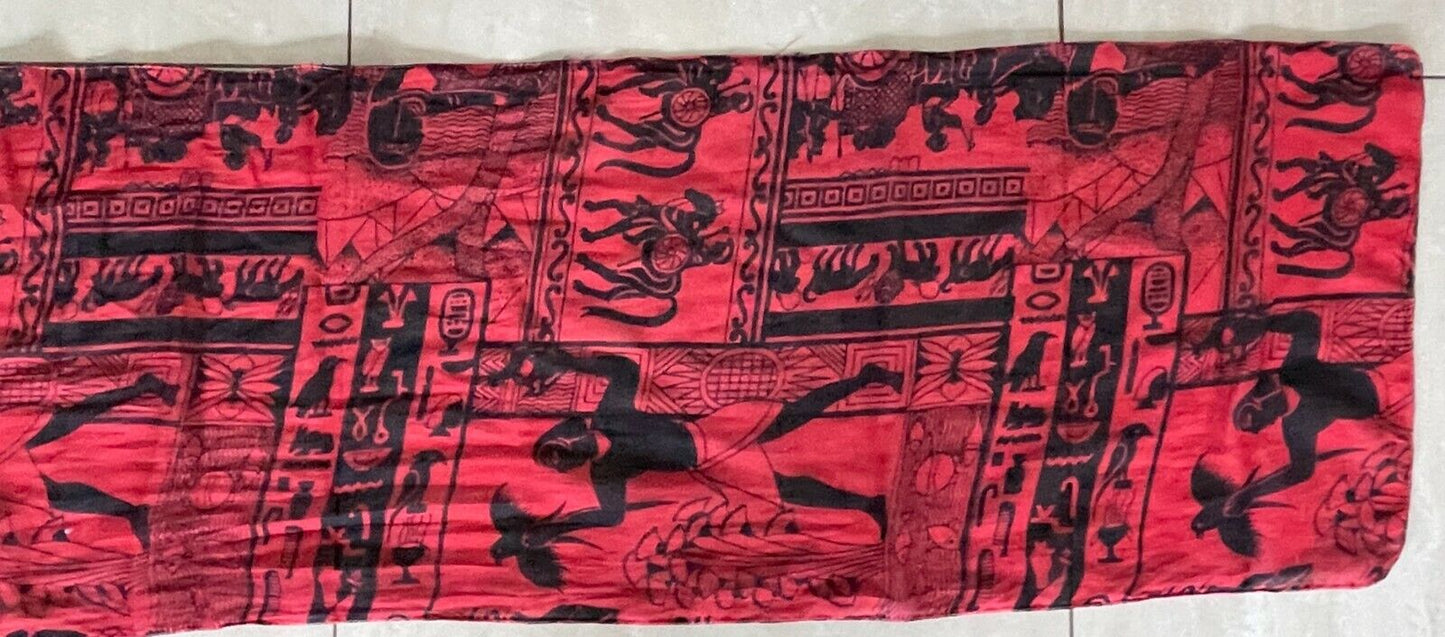 SCARF Ladies Egyptian Neck Burgundy & Black Hieroglyphics Print Cotton Rectangle