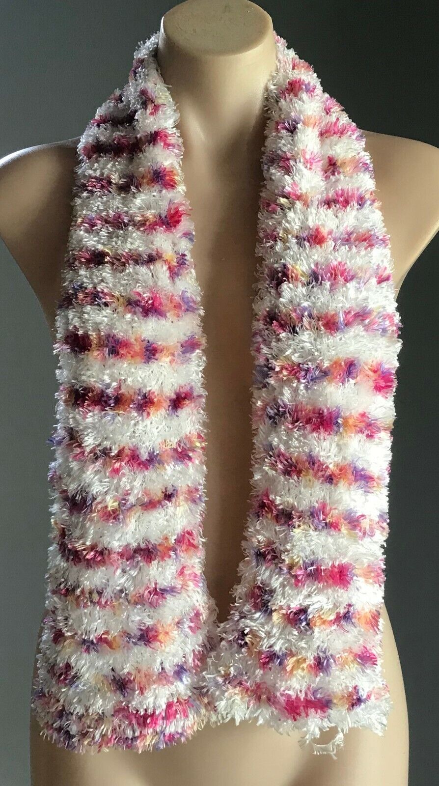 SCARF Handmade Soft "Furry" Eyelash Wool Knit White Pink Purple & Orange NEW