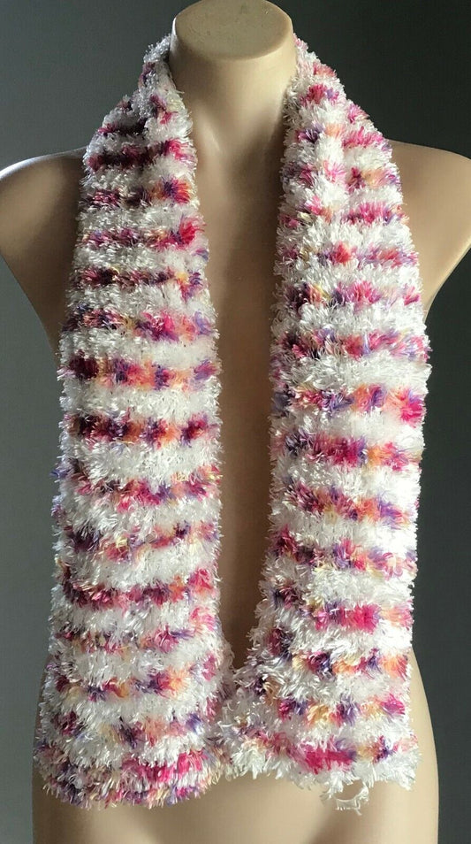 SCARF Handmade Soft "Furry" Eyelash Wool Knit White Pink Purple & Orange NEW