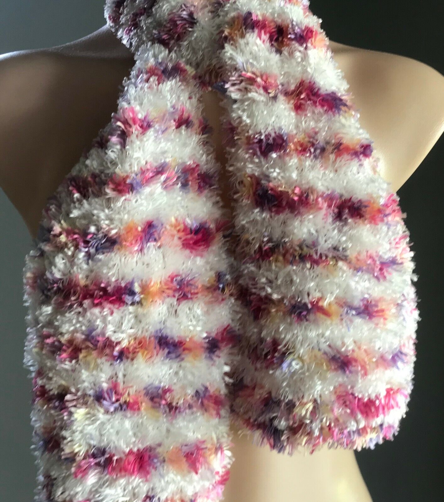 SCARF Handmade Soft "Furry" Eyelash Wool Knit White Pink Purple & Orange NEW