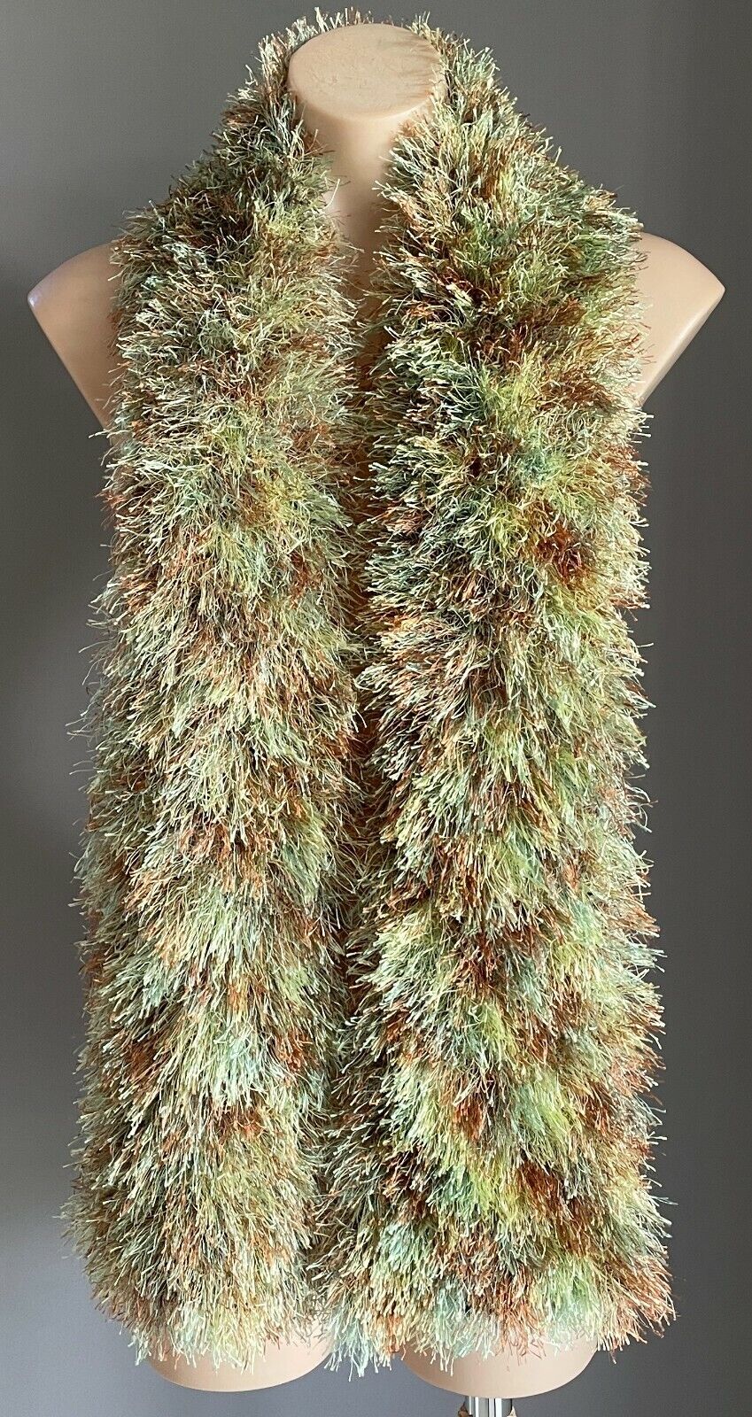 SCARF Handmade NECK Wrap Eyelash Yarn Knit Scarf Shades Green Brown Gold Fluffy
