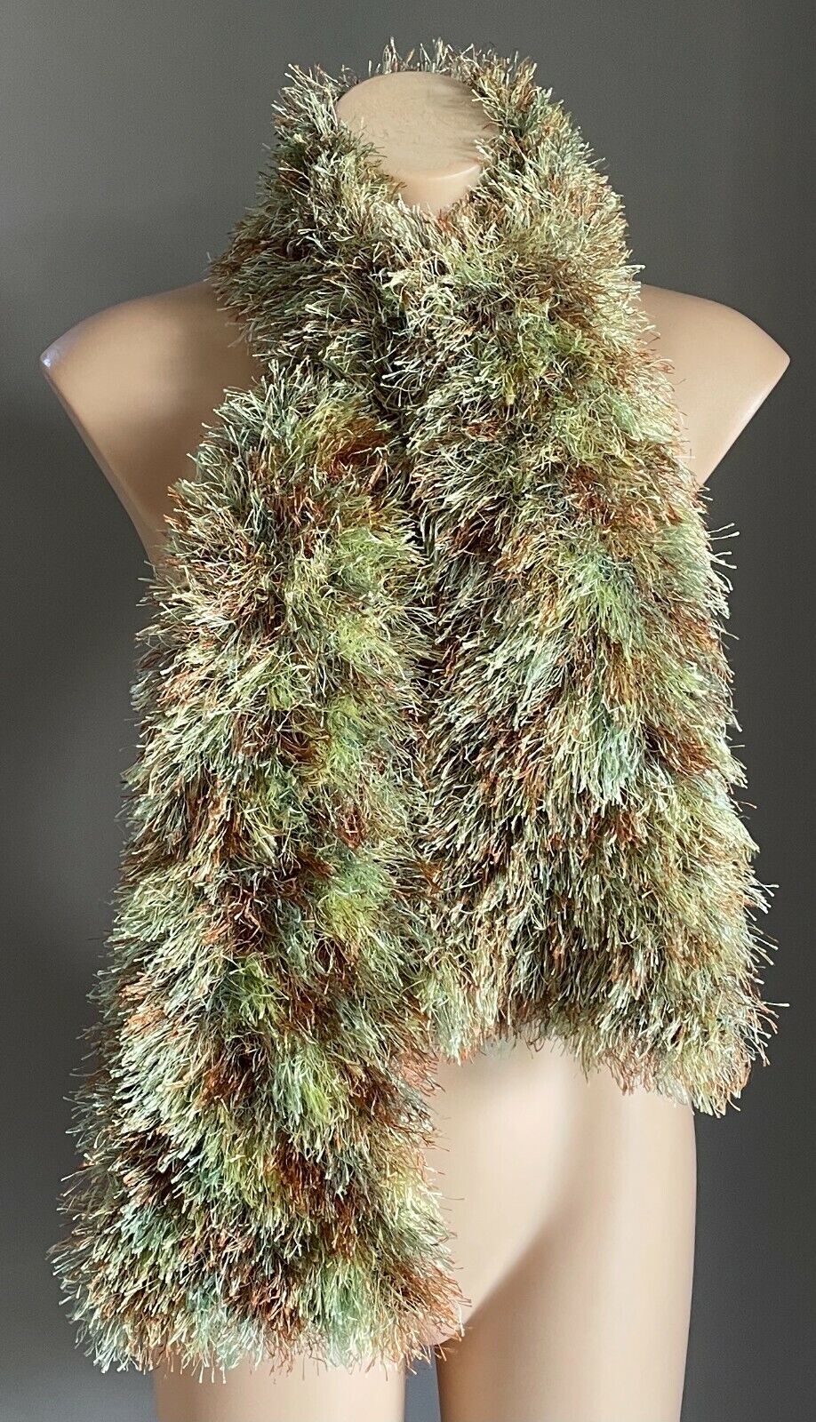 SCARF Handmade NECK Wrap Eyelash Yarn Knit Scarf Shades Green Brown Gold Fluffy