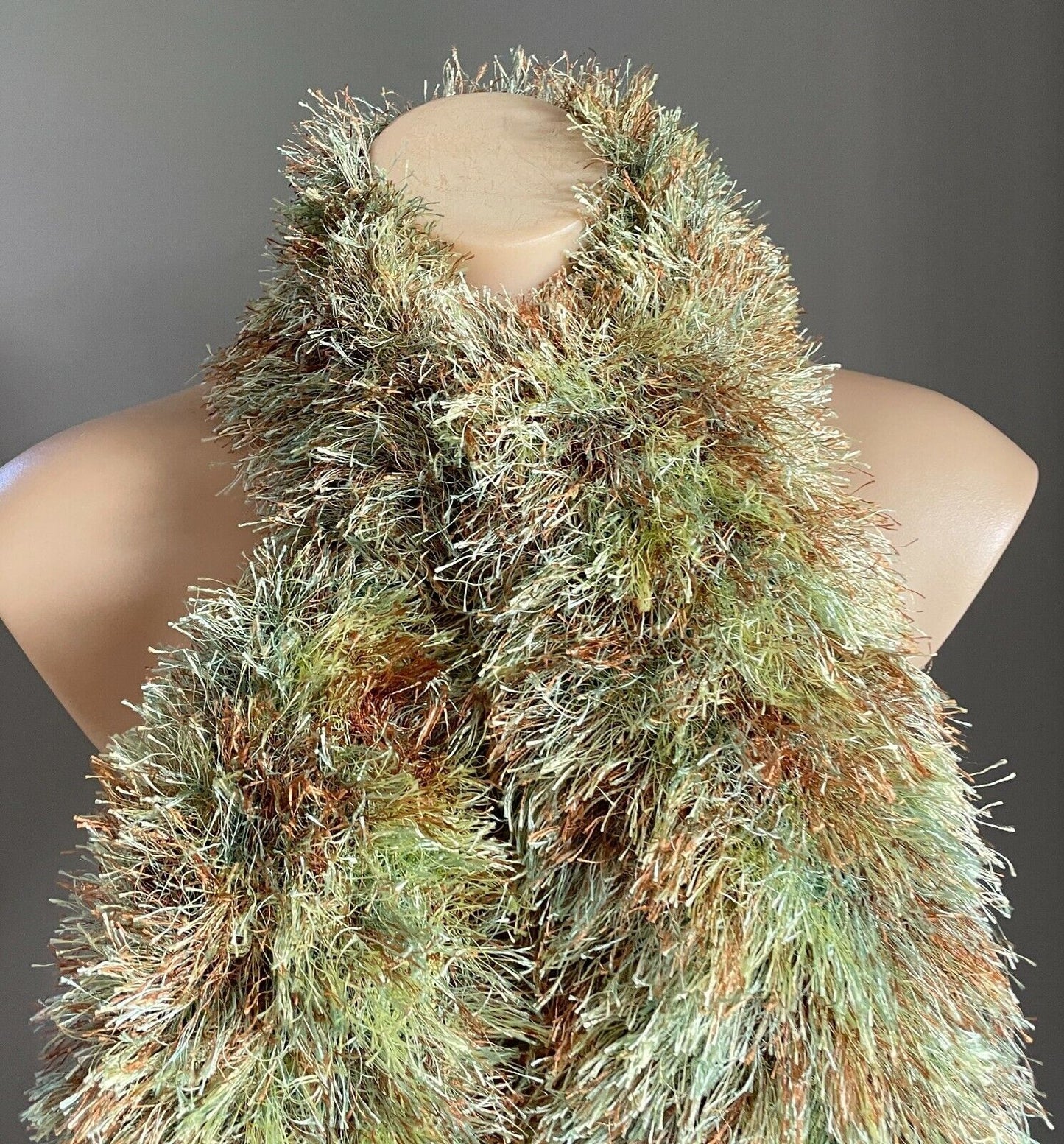 SCARF Handmade NECK Wrap Eyelash Yarn Knit Scarf Shades Green Brown Gold Fluffy