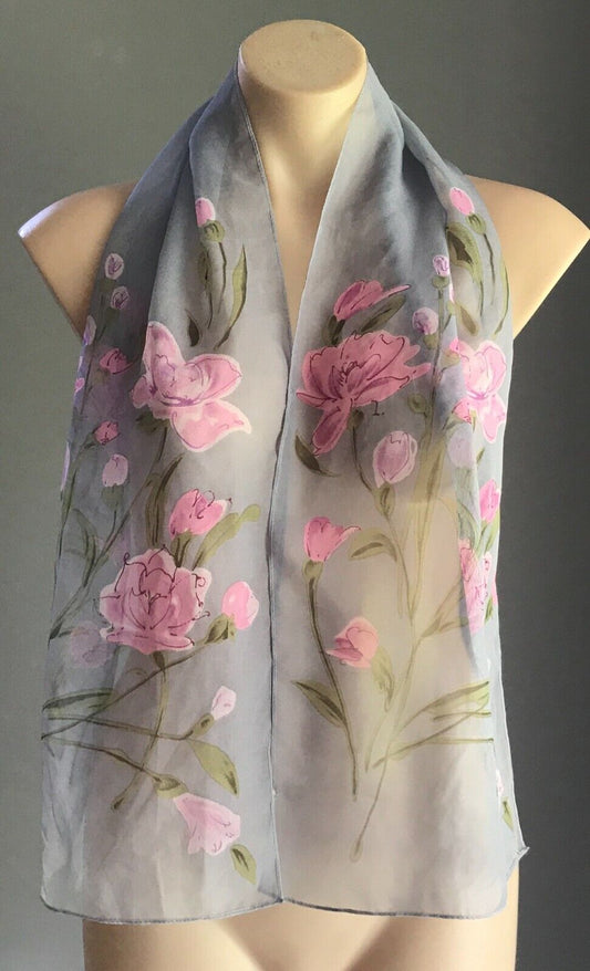 Neck SCARF Grey Pink & Green Floral Print Semi Sheer Rectangle So Pretty Ladies