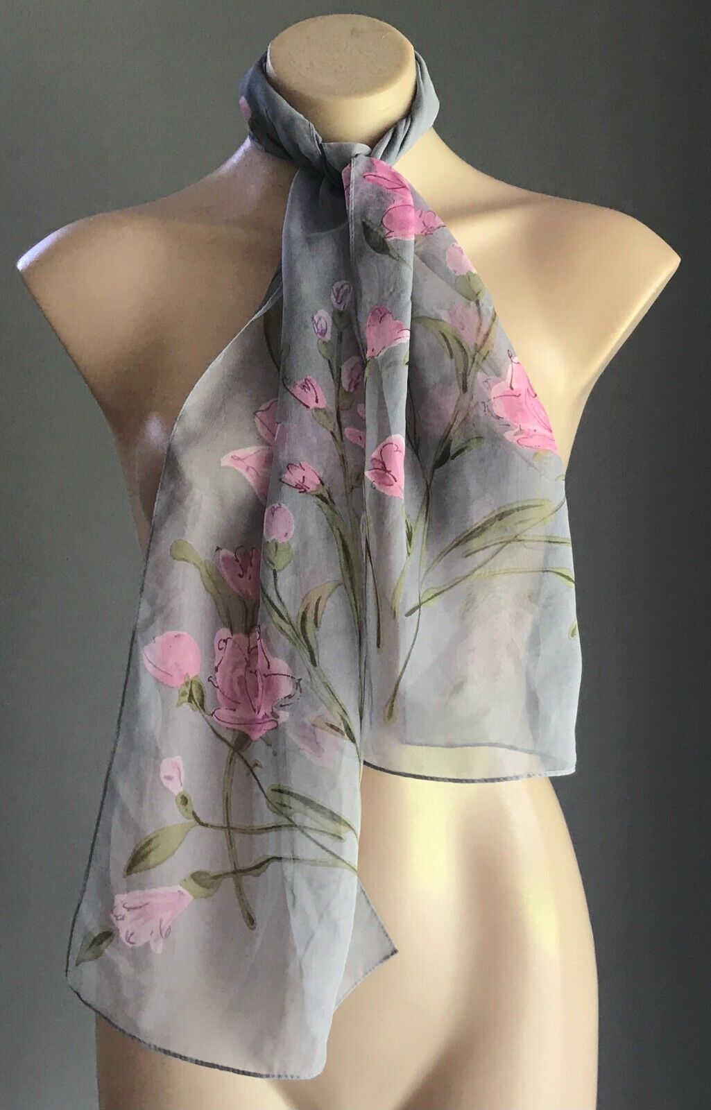 Neck SCARF Grey Pink & Green Floral Print Semi Sheer Rectangle So Pretty Ladies