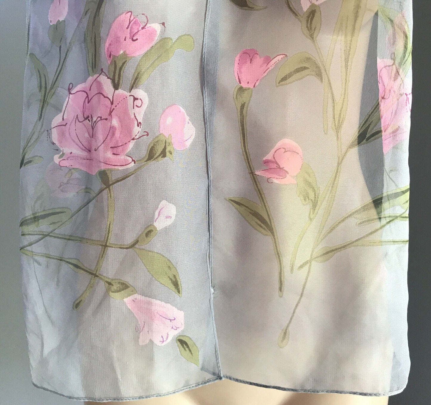 Neck SCARF Grey Pink & Green Floral Print Semi Sheer Rectangle So Pretty Ladies