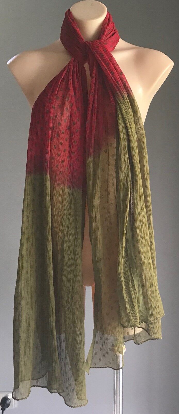 SCARF Crinkle Pleated Rectangle Neck Wrap Maroon & Khaki Circle Print NEW