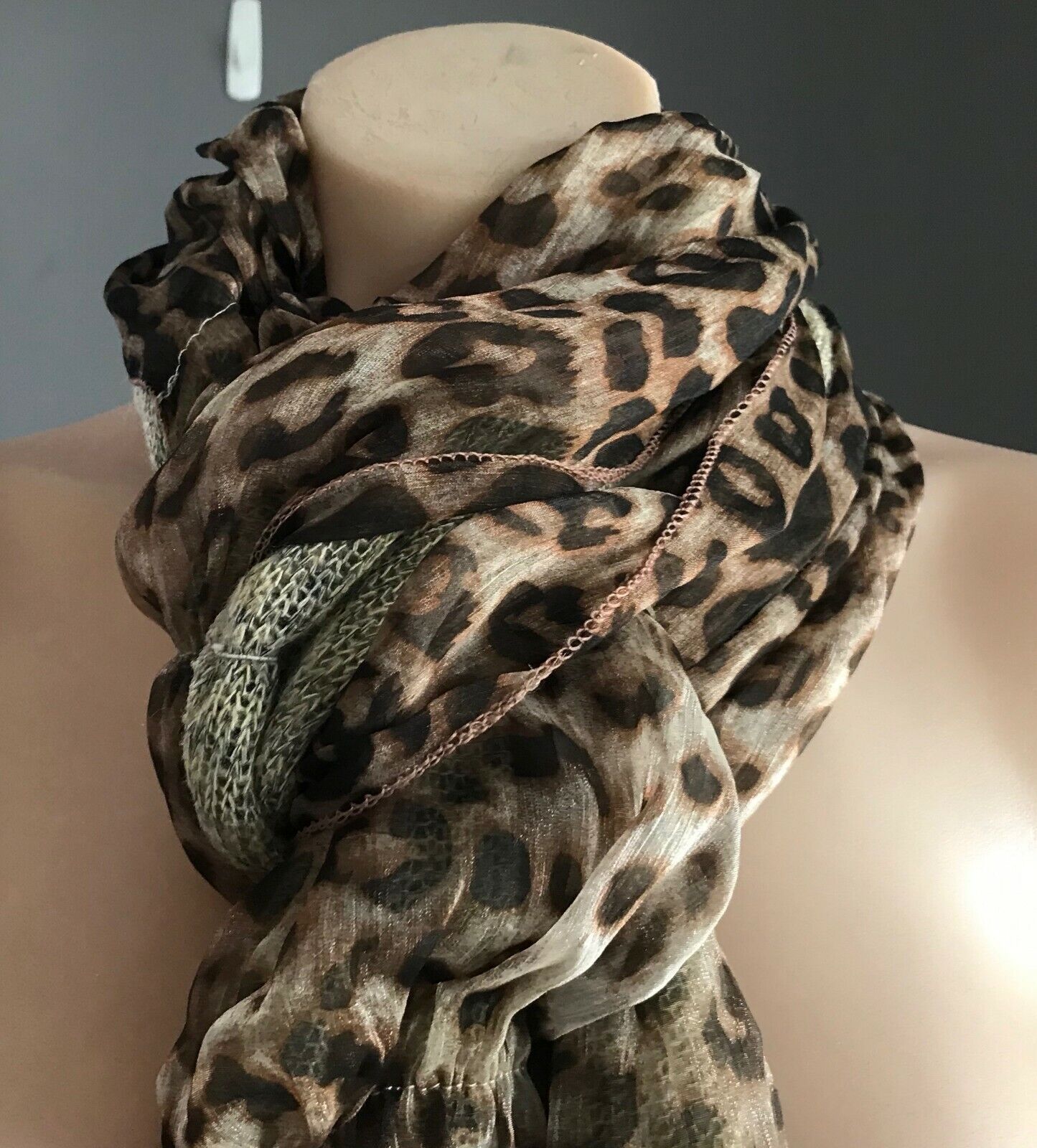 SCARF Double Layer Sheer Animal Print & Knit Rectangle 209 L x 33.5cm W Ladies