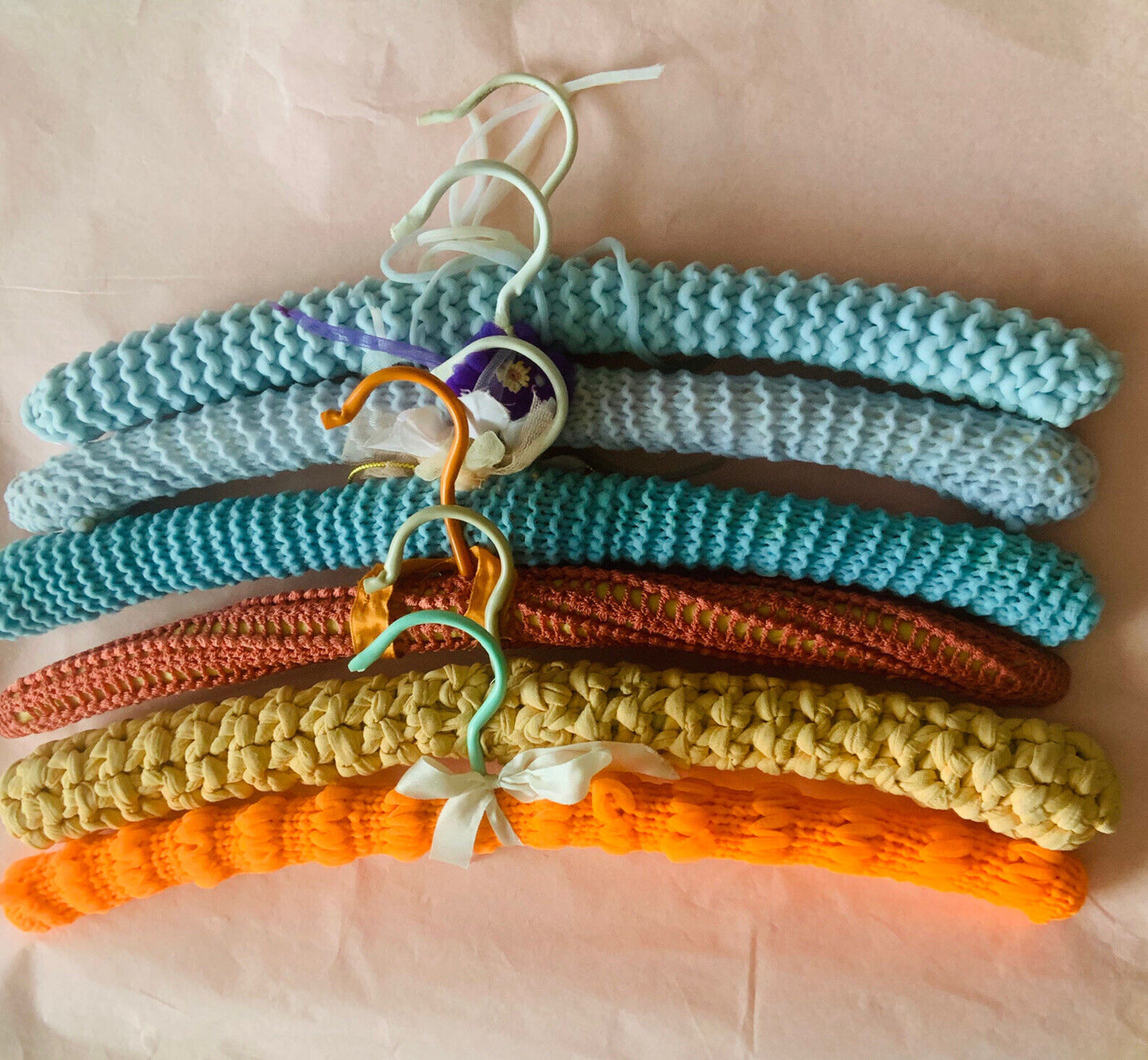 Vintage Covered Wooden Clothes Coat Hangers x 6 Bri Nylon Knitted  1950’s  #32